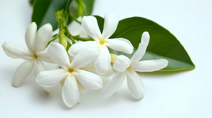 Obraz premium A close-up of white flowers with green leaves on a light background.