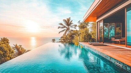 Obraz premium Modern Villa Overlooking Serene Infinity Pool at Sunset
