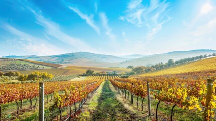 A scenic vineyard in autumn with colorful grapevines and rolling hills under a clear blue sky, picturesque setting with seasonal charm, Vineyard style