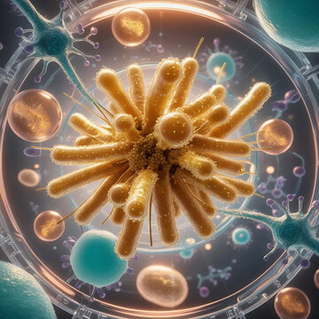 Acetobacter Aurantius Bacteria Illustration - Detailed Scientific Microbial Art of Orange Pigmented Acetic Acid Bacterium, Microorganism Depiction in Nature, Medical Microbiology, Biofilm Structure