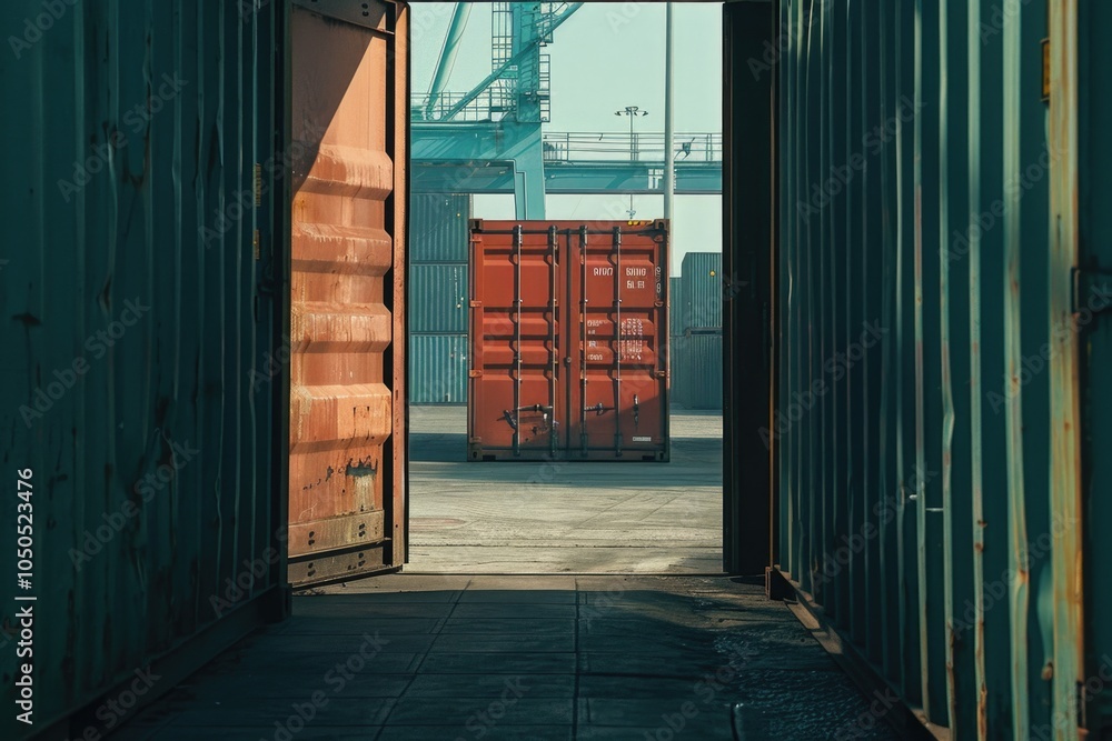 Poster a single open door leads to a busy container storage yard with containers stacked and labeled