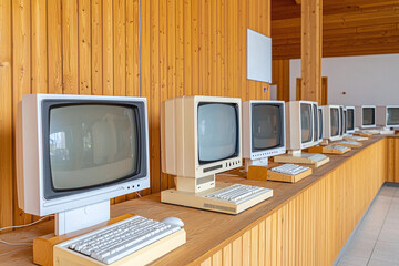 Fototapeta premium retro computer room, multiple CRT monitors, wood paneling