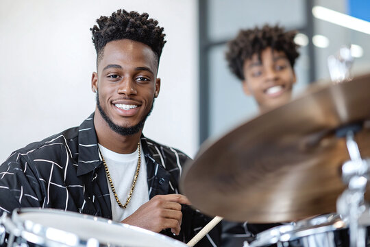 drum instructor adjusting student's posture, teaching environment