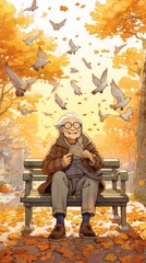 Elderly man joyfully feeding birds on a park bench during a vibrant autumn day.