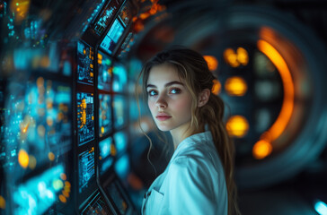 A scientist girl looks at the camera while in a tunnel with utilities and glowing monitors. Engineering research work