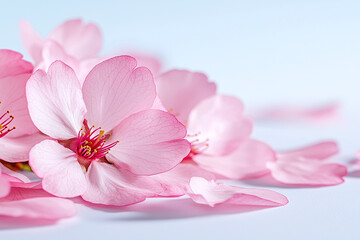 Naklejka premium delicate cherry blossom petals dancing in natural light against pure white backdrop