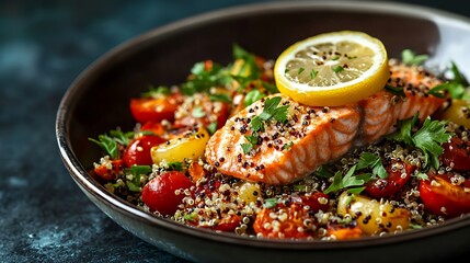 A beautifully plated dish of quinoa topped with salmon and roasted vegetables, garnished with a lemon slice and fresh herbs, placed on a dark background, soft lighting highlighting the vibrant colors,