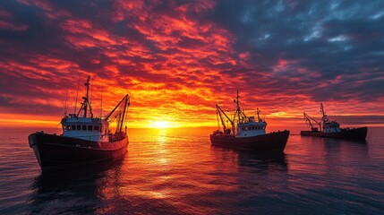 Obraz premium Three fishing boats silhouetted against a dramatic, fiery sunrise over a calm sea.