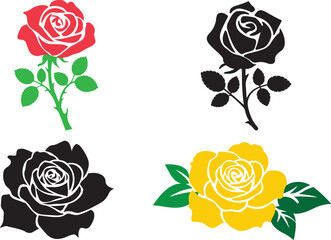 Rose flower icon set. Flower silhouette, rose icon, rose vector, black rose, yellow rose, red rose and white background 