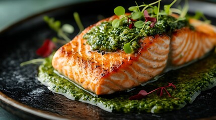 A beautifully plated dish of salmon with green pesto sauce, set on a dark stone plate, garnished with microgreens, moody lighting highlighting the glossy sauce and texture of the fish, hd quality,