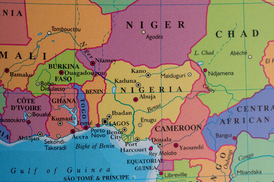 Political map of Western Africa, including the countries of Nigeria, Niger, Cameroon, Benin, Togo, Ghana, Burkina Faso, C&ocirc;te d'Ivoire, and Chad.