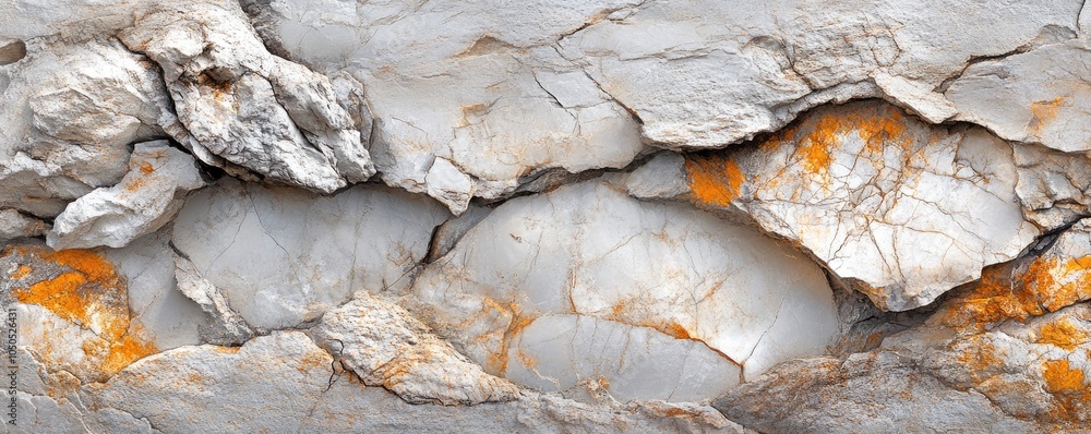 Poster a textured rock surface displaying white and orange mineral patterns.