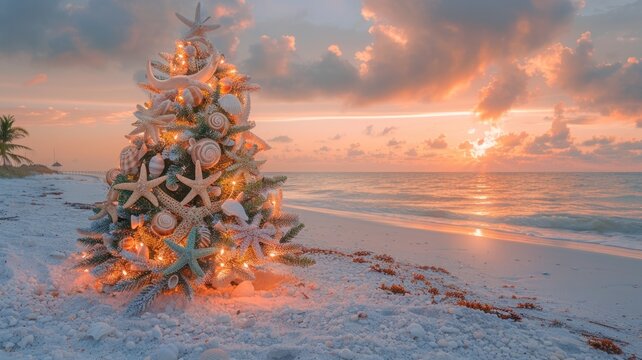 Tropical christmas tree by the beach at sunset - festive holiday coastal scene