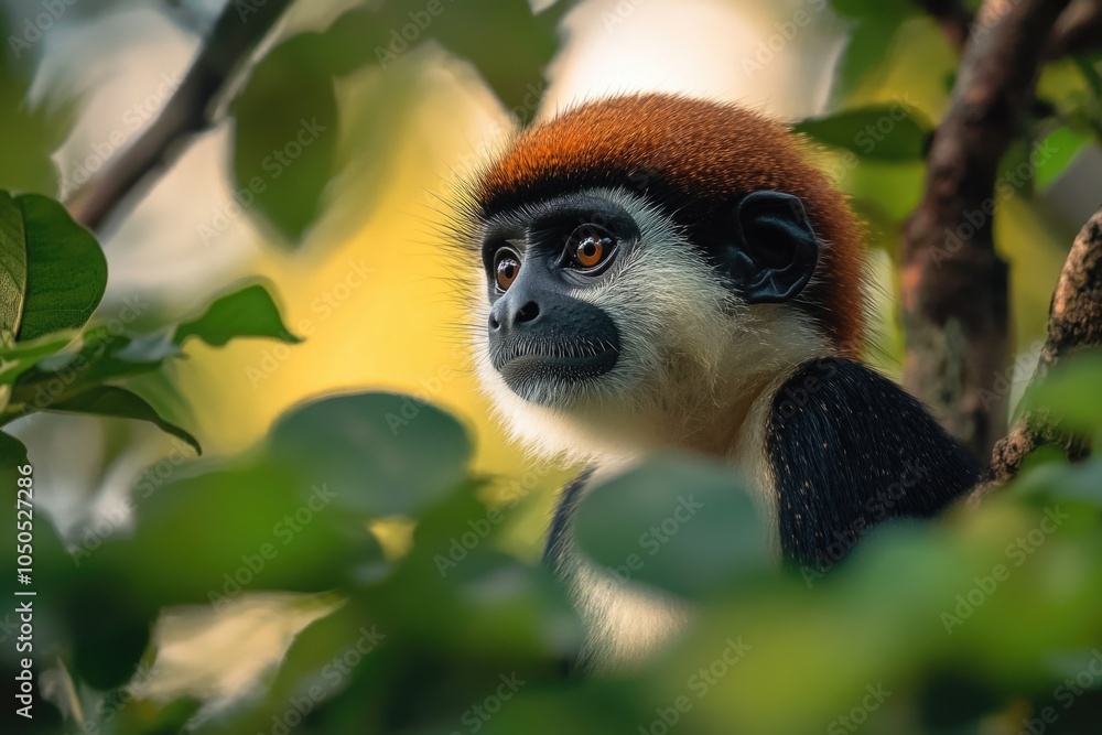 Poster a close-up view of a monkey sitting in a tree, surrounded by leaves and branches