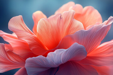 Obraz premium A close-up of a delicate flower with soft pink and orange petals, showcasing intricate details and gentle curves against a blurred blue background.