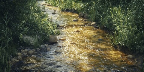 Obraz premium Serene Forest Stream: Tranquil Water Flowing Through Lush Greenery