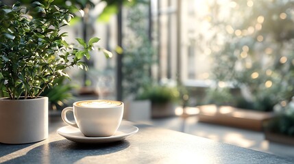 A cappuccino with latte art surrounded by small potted plants on a modern open-air terrace. The clean lines and minimalist design are highlighted by the warm sunlight,