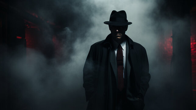 Mysterious man in fedora and trench coat standing in smoky dark alley with red light