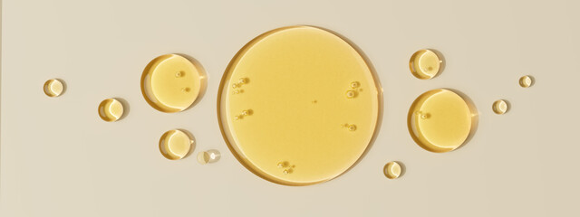 High-quality close-up of golden liquid oil drops on a beige surface, 3d rendering face serum cosmetic abstract background