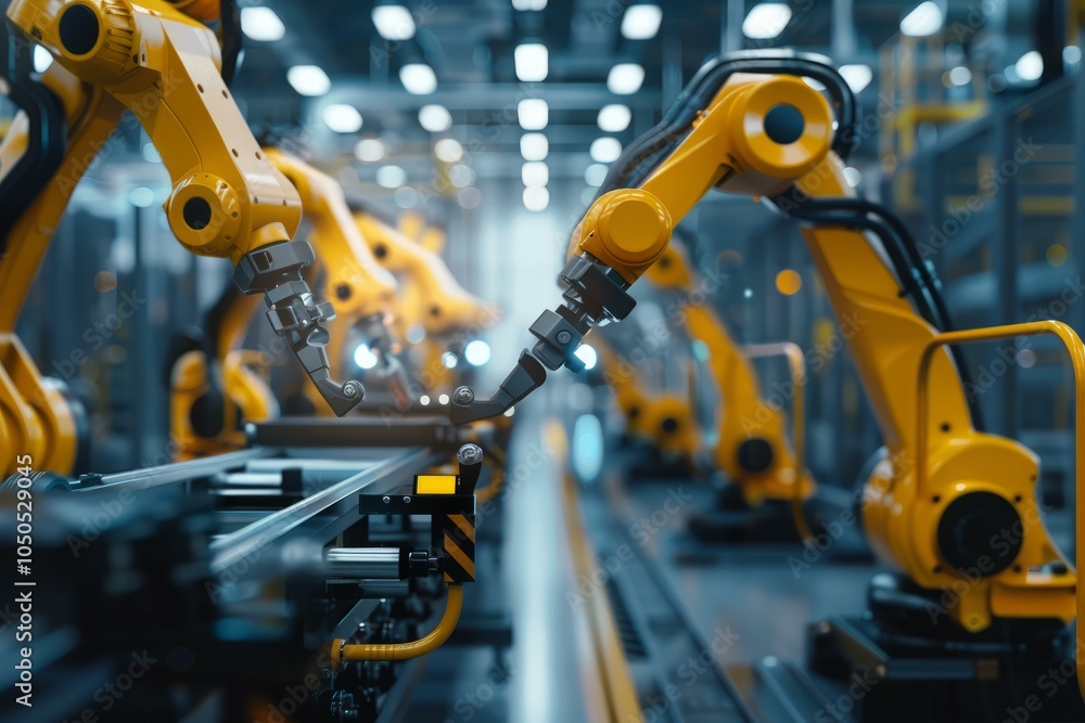 Poster row of robotic arms is assembling a product on a factory assembly line