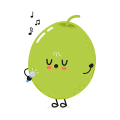 Cute green olive character singing into a microphone character. Vector hand drawn cartoon kawaii character illustration icon. Isolated on white background. Green olive character concept