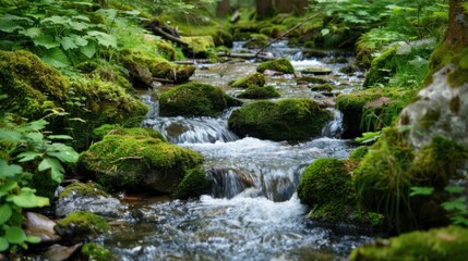 Fototapeta premium A serene forest stream flowing through moss-covered rocks and vibrant greenery, Nature setting with tranquility, Serene style
