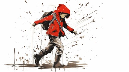 Fototapeta premium Child in red raincoat splashing through puddles with excitement.