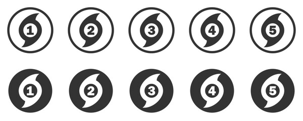 Vector icon set showing hurricane categories 1 through 5, representing storm severity levels. Ideal for weather and emergency planning.