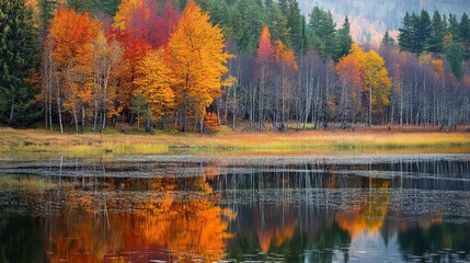 Fototapeta premium Russian Lake Reflecting Fall Colors 