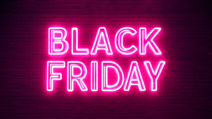 Obraz premium Pink neon Black Friday sign on black brick wall background.