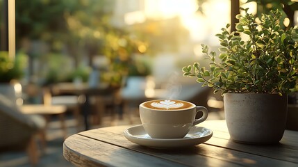 A close-up of a cappuccino with latte art on a minimalist terrace, surrounded by small potted plants. The open-air setting features clean lines and a calming atmosphere,