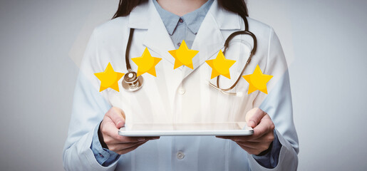 Medical Services Rating. Unrecognizable Female Doctor Holding Digital Tablet With Five Stars Icons...