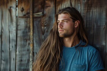 Fototapeta premium A man with long hair leans against a wooden wall, looking relaxed