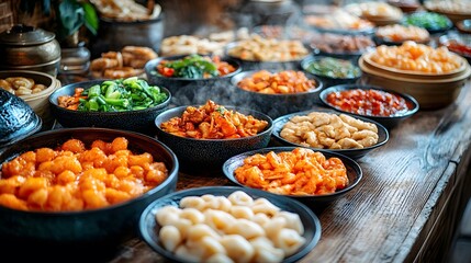 Obraz premium Family gathered around a luxurious New Year Day table with an array of dishes symbolizing prosperity and joy