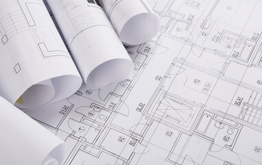 Plans of building. Architectural project background. Floor plan designed building on drawing, copy space