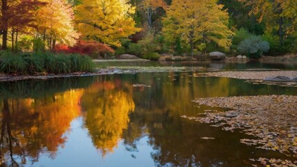 Fototapeta premium A serene pond surrounded by autumn foliage