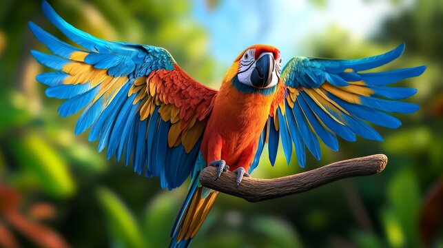 Vibrant Macaw Spreading Wings in Tropical Setting