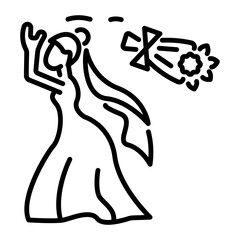 Bride throws the flower bouquet backward, a line style icon 