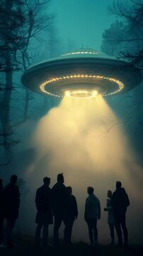 Group of people witness an illuminated UFO hovering above a misty forest clearing, emitting beams of light, vertical video