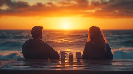 A couple relaxing on a seaside terrace with coffee cups in hand, watching the sunset over the ocean. The waves gently lap against the shore,