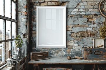 A white frame mockup on a metal bench, tilted, Viewed from side angle, window reflection in frame mockup, blank white mockup, brick wall, metal toolbox, Modern Industrial style