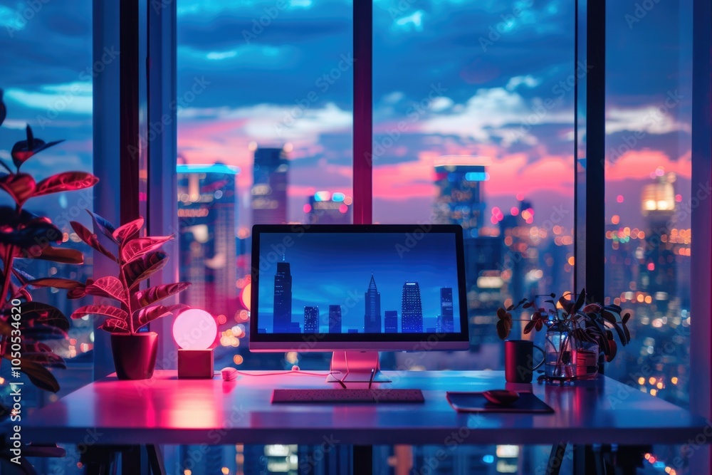 Poster a desktop computer sits on a desk near a window, offering a view outside