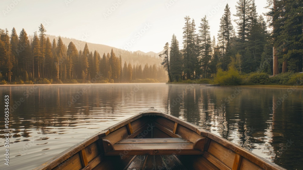 Aufkleber a serene lake surrounded by towering pine trees with a small wooden rowboat at dawn, tranquil settin