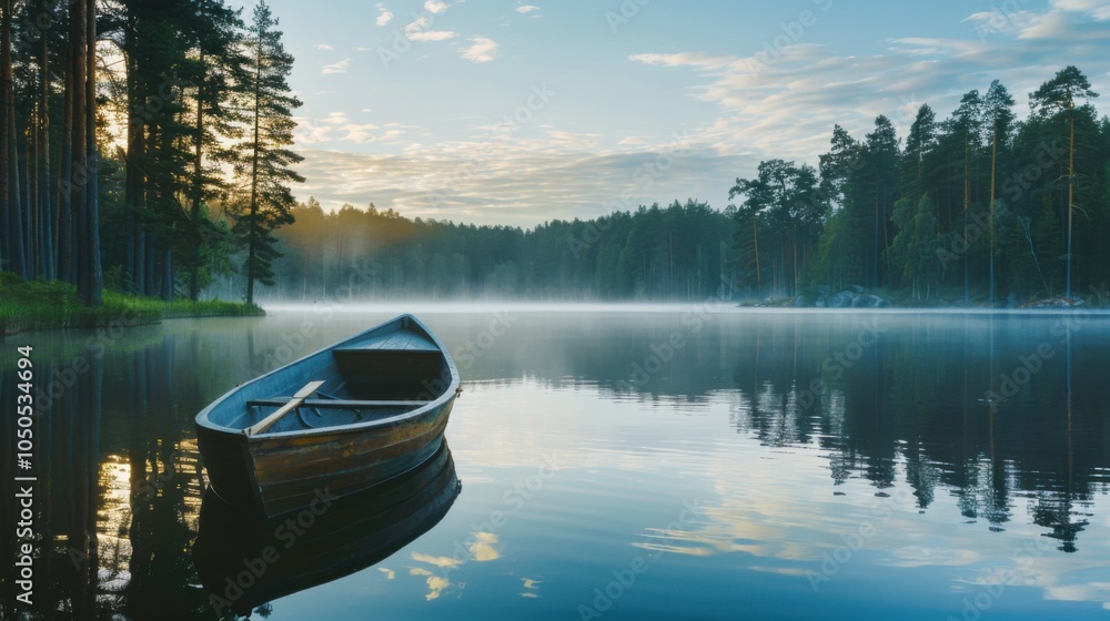 Poster a serene lake surrounded by towering pine trees with a small wooden rowboat at dawn, tranquil settin