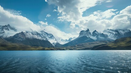 A serene lake surrounded by snow-capped mountains, Alpine setting with crystal-clear waters, Majestic style