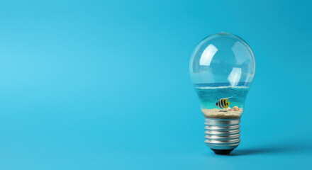 Fish tank inside light bulb on blue background