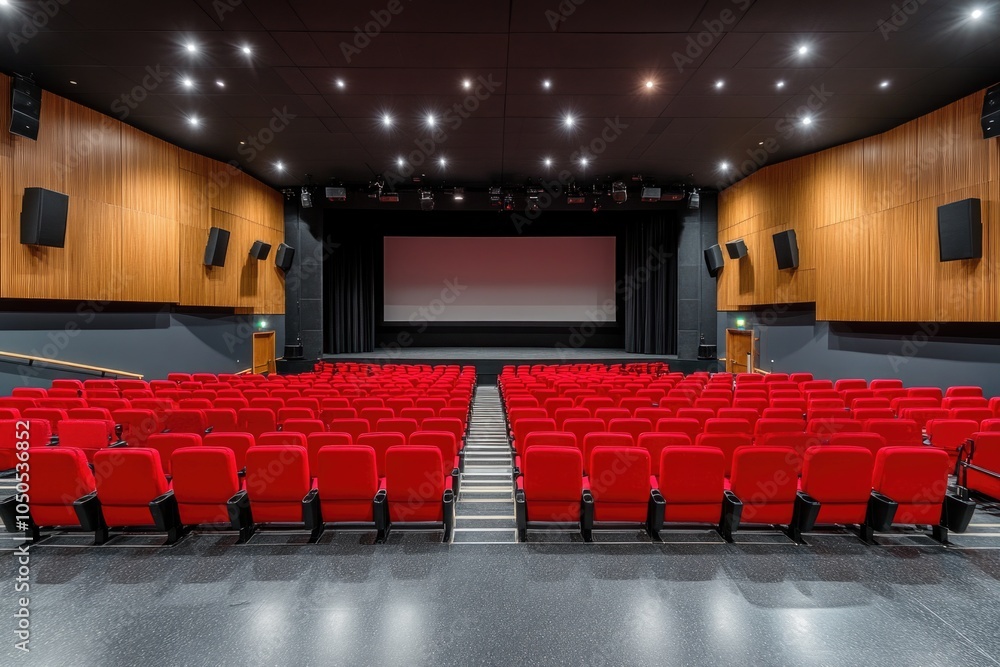 Poster a spacious auditorium with rows of red chairs and a projection screen for presentations or lectures