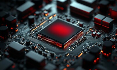 Detailed close-up of advanced integrated circuit board with prominent red processor chip, showcasing modern technology and microelectronics engineering, Generative AI
