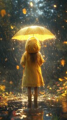 Rainy Day Reverie: A little girl in a yellow raincoat stands under a yellow umbrella in a magical rain forest, leaves falling around her.  The image evokes a sense of peace and wonder.