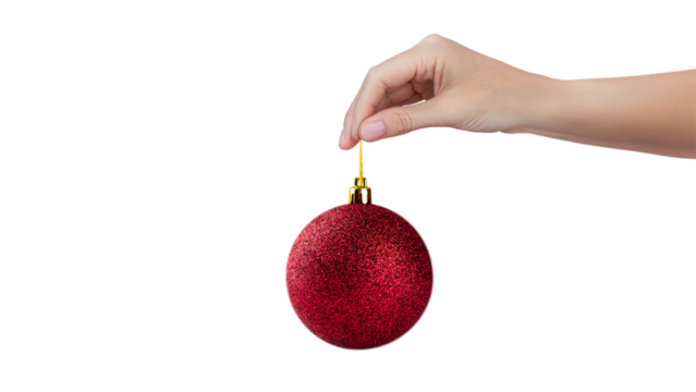 A woman's hand holds a red shiny Christmas tree ball isolated on white or transparent background